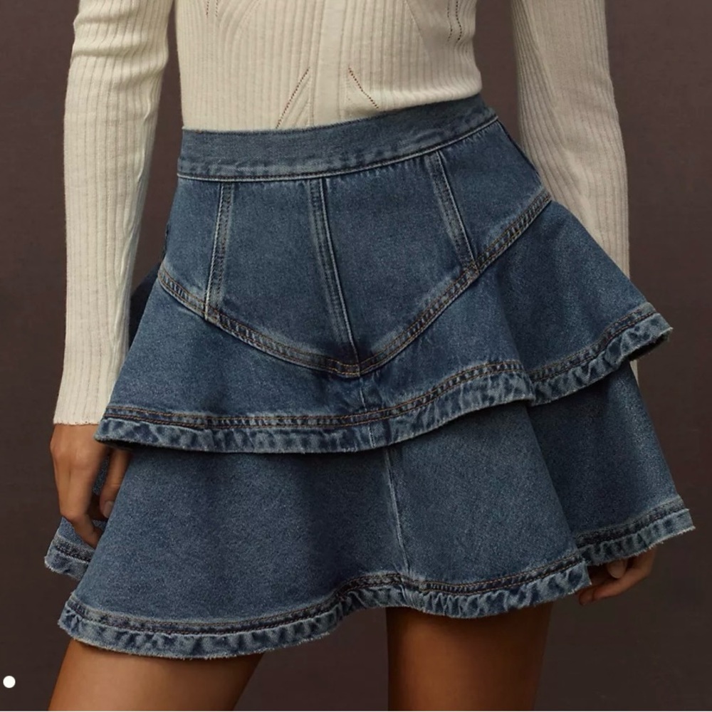 Anthropologie Yoked Ruffle Blue Denim Skirt